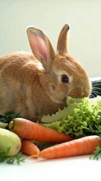 Adorable One Month Old Light Brown European Rabbit Oryctolagus Cuniculus Nibbling Fresh Green Lettuce Surrounded by Carrots and Greens on a Clean White Table A Fluffy Scene Full of Natural Light and