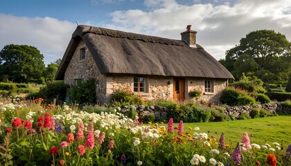 Quaint stone cottage with thatched roof, vibrant flower garden