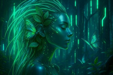 Enchanted Woman Emerging from Lush Green Foliage in Sunlit Forest
