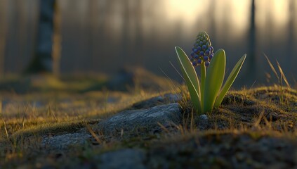 Spring flower sunrise forest. Nature rebirth hope. Website banner