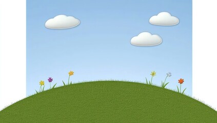 Spring flowers on grassy hill under blue sky. Ideal for children's book illustration