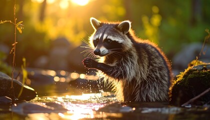 Raccoon by stream, golden sunlight