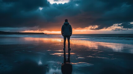 A solitary figure gazes at a stunning sunset over a calm beach with dark clouds. The reflection shines on the wet sand.