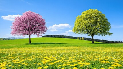 Spring landscape two trees, pink and lime, in a dandelion field