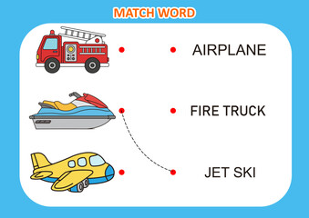 cute animal and transport picture match the word .airplane, fire truck, jet ski