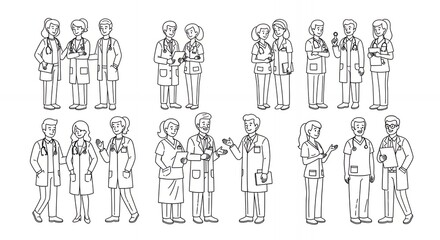 Groups of People in Interaction Line Art Illustration with Black and White Minimalist Style Clean Background Hand Drawn Style Sketch Outline Monochrome Design Vector Isolated for Medical Purposes