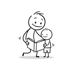 Happy adult reading a book to a smiling child in a playful stick figure style, black and white illustration, concept of education or parenting
