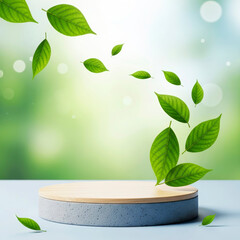 Fresh Green Leaves Floating Above a Minimalist Display Stand