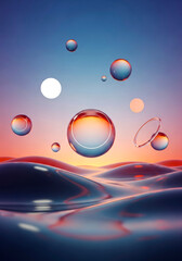 Colorful Bubbles Floating Above Waves at Sunrise with Vibrant Sky