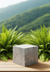 Gray Marble Display Cube on Wood Surface with Lush Greenery
