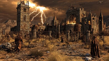 Stormy apocalypse ruins; desolate landscape; figures; game concept art