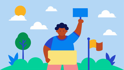 Brave Climate Activist An activist with a disability speaking passionately at an outdoor rally holding up a colorful sign and inspiring others to take action for the environment.