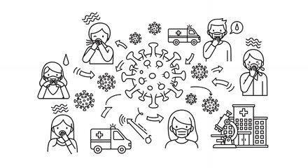 Medical Black and White Line Art Featuring Sick People Virus Ambulance and Hospital Hand Drawn Style Cartoon Design Isolated on White Background Perfect for Decoration and Medical Purpose