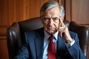 Powerful senior businessman in suit sits in large leather chair with serious and thoughtful expression, personifying authority, leadership, success and strategic thinking