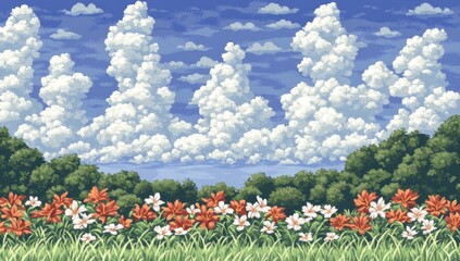 Summer meadow, fluffy clouds, idyllic landscape, game background