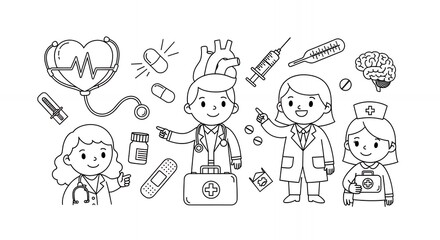 Medical Doodle Featuring Doctors Stethoscope Syringe and Heart Monitor in Black and White Style hand drawn sketch line art outline doodle minimal minimalistic black white simple cartoon drawing