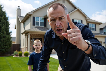 angry and aggressive father is shouting and pointing furiously directly at the camera, with a young boy visible in the background. This intense image depicts domestic conflict