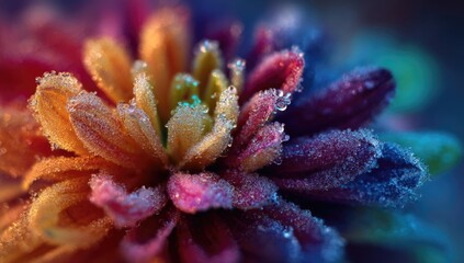 Fototapeta premium Frosted autumn flower closeup, garden, dew, vibrant colors, nature photography, website header