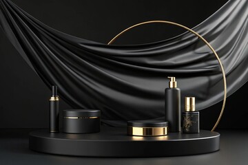 Luxury 3d podium with flying cloth. illustration in trendy black colors. Wide black background for product and cosmetics presentation. 
