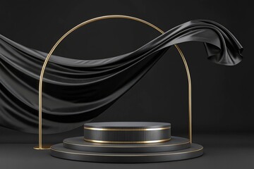 Luxury 3d podium with flying cloth. illustration in trendy black colors. Wide black background for product and cosmetics presentation. 