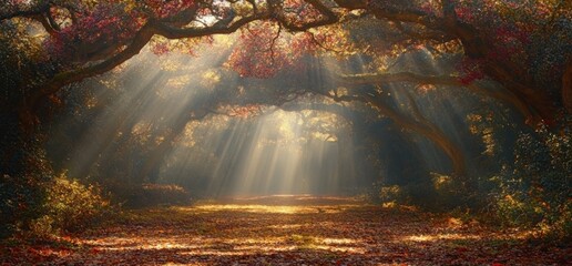 Sunbeams in autumn forest path; nature scene