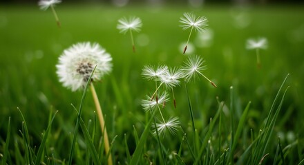 春風に舞うタンポポの綿毛、生命力あふれる風景写真