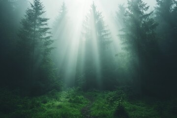 Sunbeams pierce misty forest path, nature tranquility