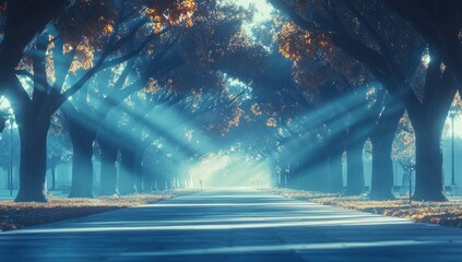 Sunbeams through autumn trees on road. Peaceful morning scene, ideal for travel brochures
