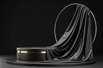 Luxury 3d podium with flying cloth. illustration in trendy black colors. Wide black background for product and cosmetics presentation. 