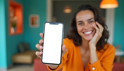 happy woman holding smartphone with blank screen on colorful background 