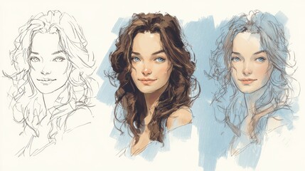 Layered Hair Tutorial Sketches Showcasing Techniques for Creating Dynamic Hairstyles on a Clean Blue-White Background