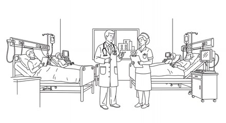 Obraz premium Medical Personnel Attending to Patients in Hospital Ward Line Art Illustration Featuring Doctors Nurses Healthcare and Medical Scene in Minimalistic Black and White Design, Hand Drawn Style