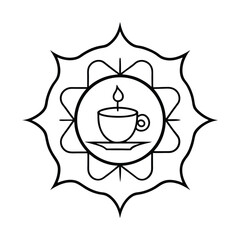Hot Tea Mug Center Mandala with Steaming Symmetrical Design Line Art Vector illustration