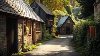 Charming rural village with winding paths and cozy cottages surrounded by trees in the autumn sunlight.