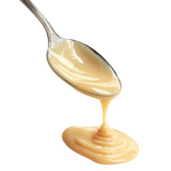 Condensed milk flowing down from spoon isolated on transparent or white background. A high resolution PNG image of Condensed milk flowing down from spoon.