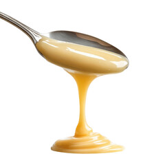 Condensed milk flowing down from spoon isolated on transparent or white background. A high resolution PNG image of Condensed milk flowing down from spoon. isolated on transparent.