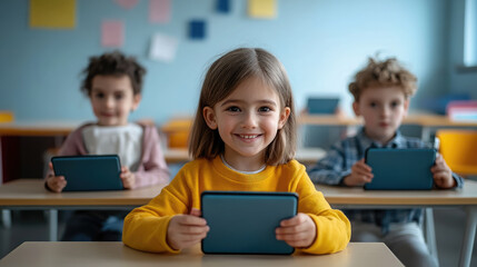 smiling primary school students with tablets sitting at desks in classroom, computer technology in education, school, children, lesson, learning