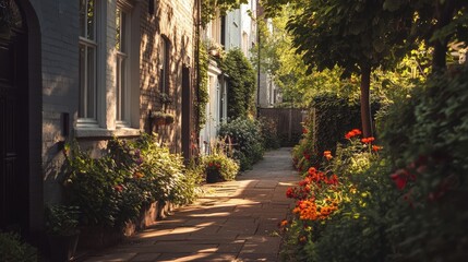 Fototapeta premium Charming Garden Pathway with Colorful Flowers and Warm Sunlight for a Peaceful Walk