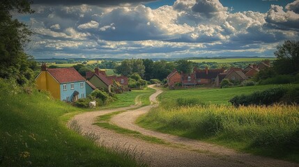 Charming countryside scene with a winding road and colorful cottages under a cloudy sky.