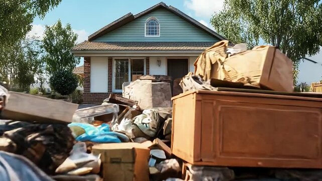 Pile of domestic garbage polluting the street in front of a suburban house