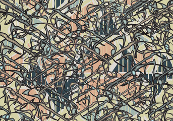 Textured backdrop created by ornate lion heads and triangle elements. Chaotic mosaic motifs for carpets, covers, scrapbooking, tiles, fashion trends, fabrics, dynamic posters, prints, interiors, etc. 