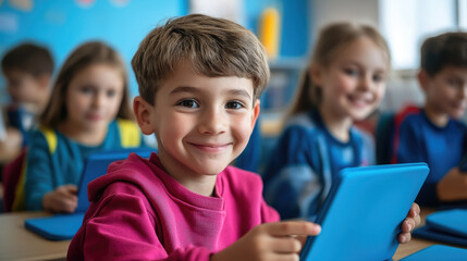smiling primary school students with tablets sitting at desks in classroom, computer technology in education, school, children, lesson, learning