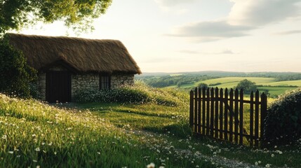 A peaceful cottage in a green meadow with a wooden gate and scenic hills under a bright sky.