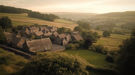 Charming village nestled in green hills during sunset with cozy homes and beautiful nature surrounding them.