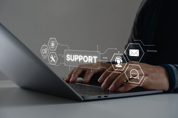 Technician typing on laptop keyboard with virtual digital interface icons, chat, email, AI, service tools. online customer service, technical assistance, IT support, remote troubleshooting, help desk.