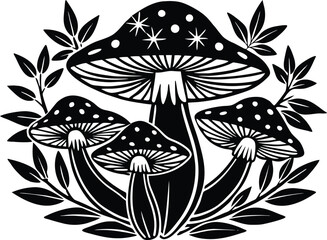 Whimsical black and white illustration of a cluster of stylized mushrooms with starry caps and leaves isolated on transparent background