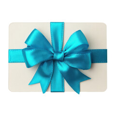 gift card with cyan ribbon bow isolated on transparent or white background. A high resolution PNG image of gift card with cyan ribbon bow.
