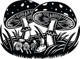 Stylized black and white illustration of two large fly agaric mushrooms growing among smaller fungi and grass isolated on transparent background