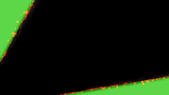 Burning paper transition effect moving split on green screen. paper transition animation