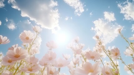 Beautiful pink flowers bloom under a bright blue sky with fluffy clouds. The sun shines warmly, creating a serene and peaceful scene.